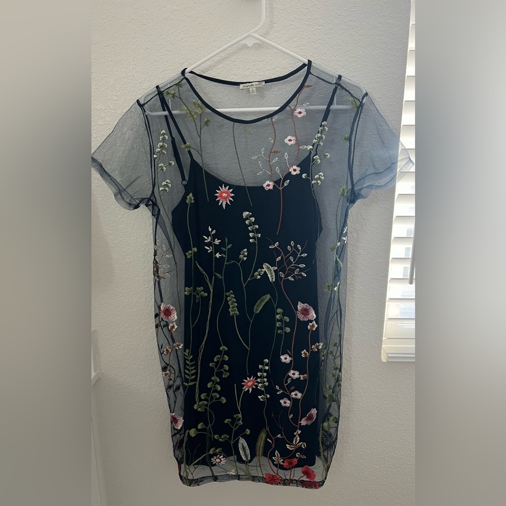 Floral Embroidered Sheer navy mini Dress